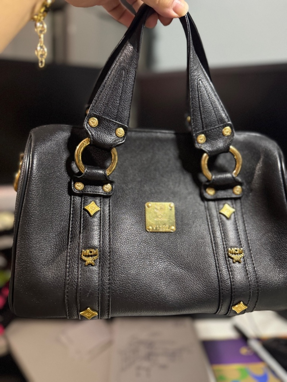 MCM Black Leather Satchel with Gold Hardware Accents Boston bag